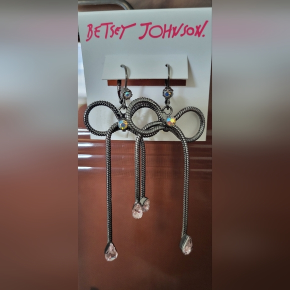 Betsey Johnson Jewelry - Betsey Johnson Gunmetal Bow Drop Earrings with Aurora Crystals